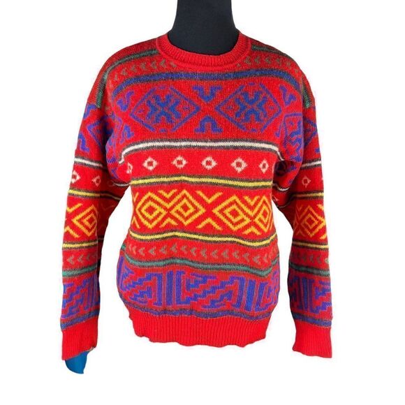 Claiborne 100% wool 80’s 90’s vibrant funky Aztec southwestern tribal large - Picture 1 of 5